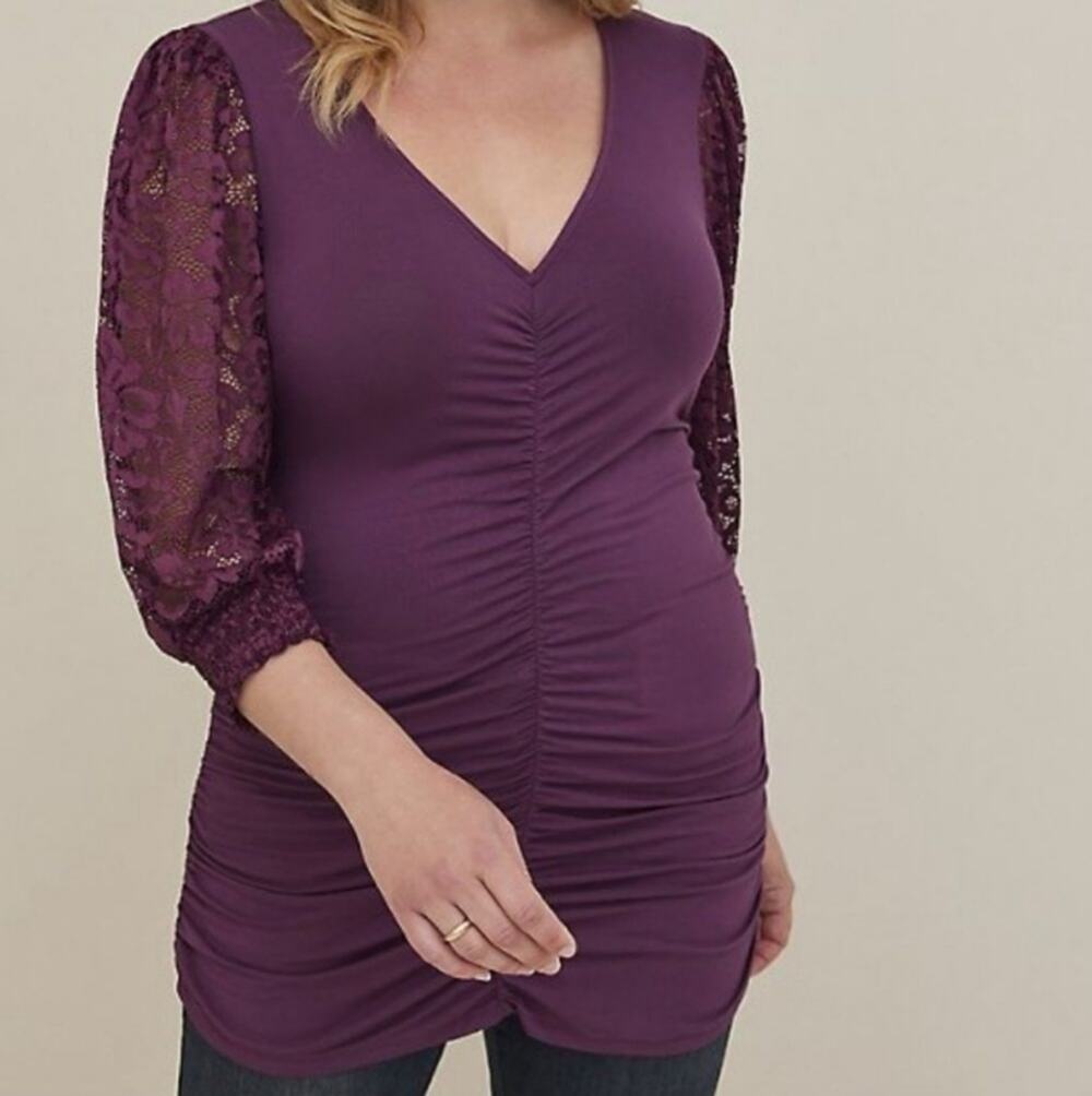 NWT Torrid Plum Lace Sleeve Ruched Front Top size 3